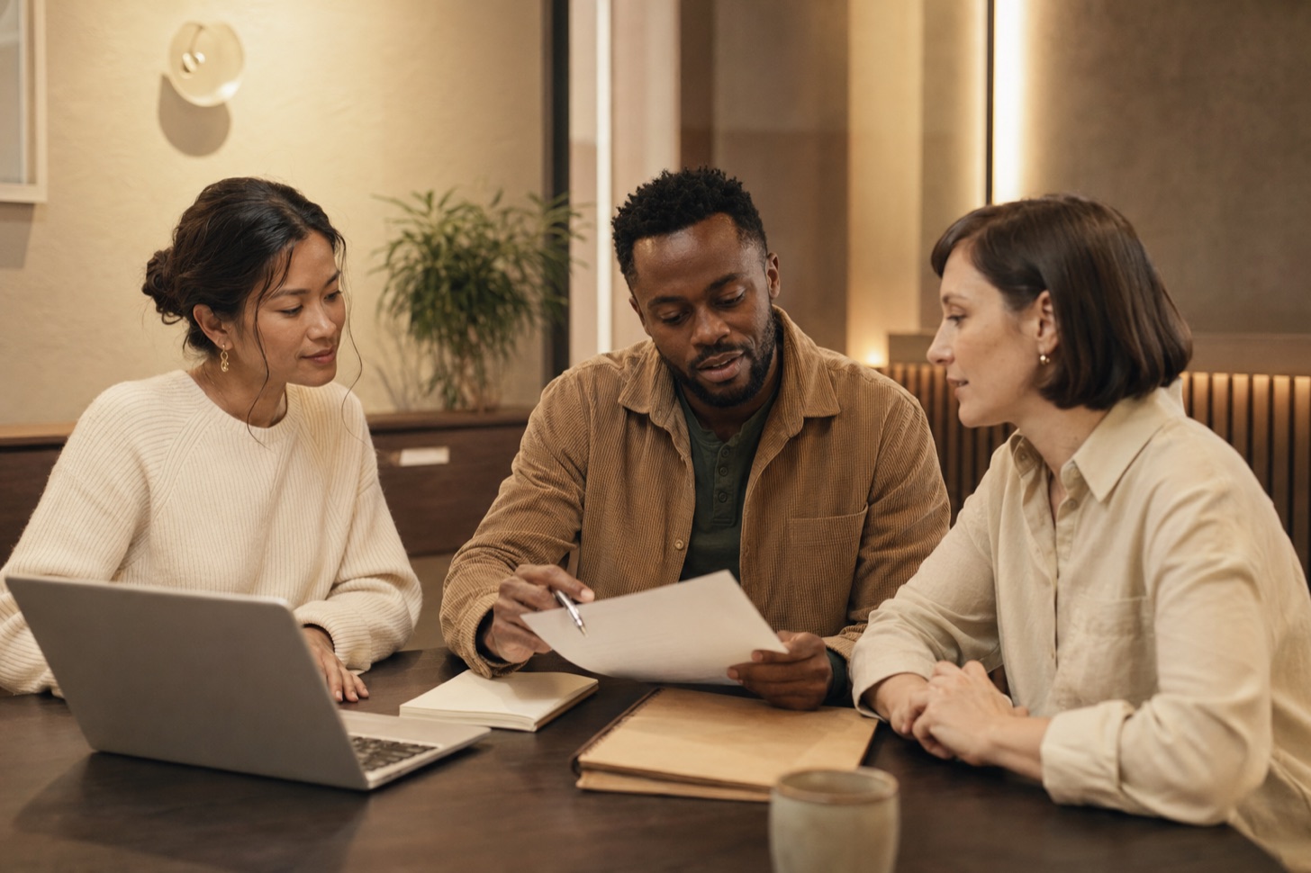 Three colleagues reviewing a document together at a table